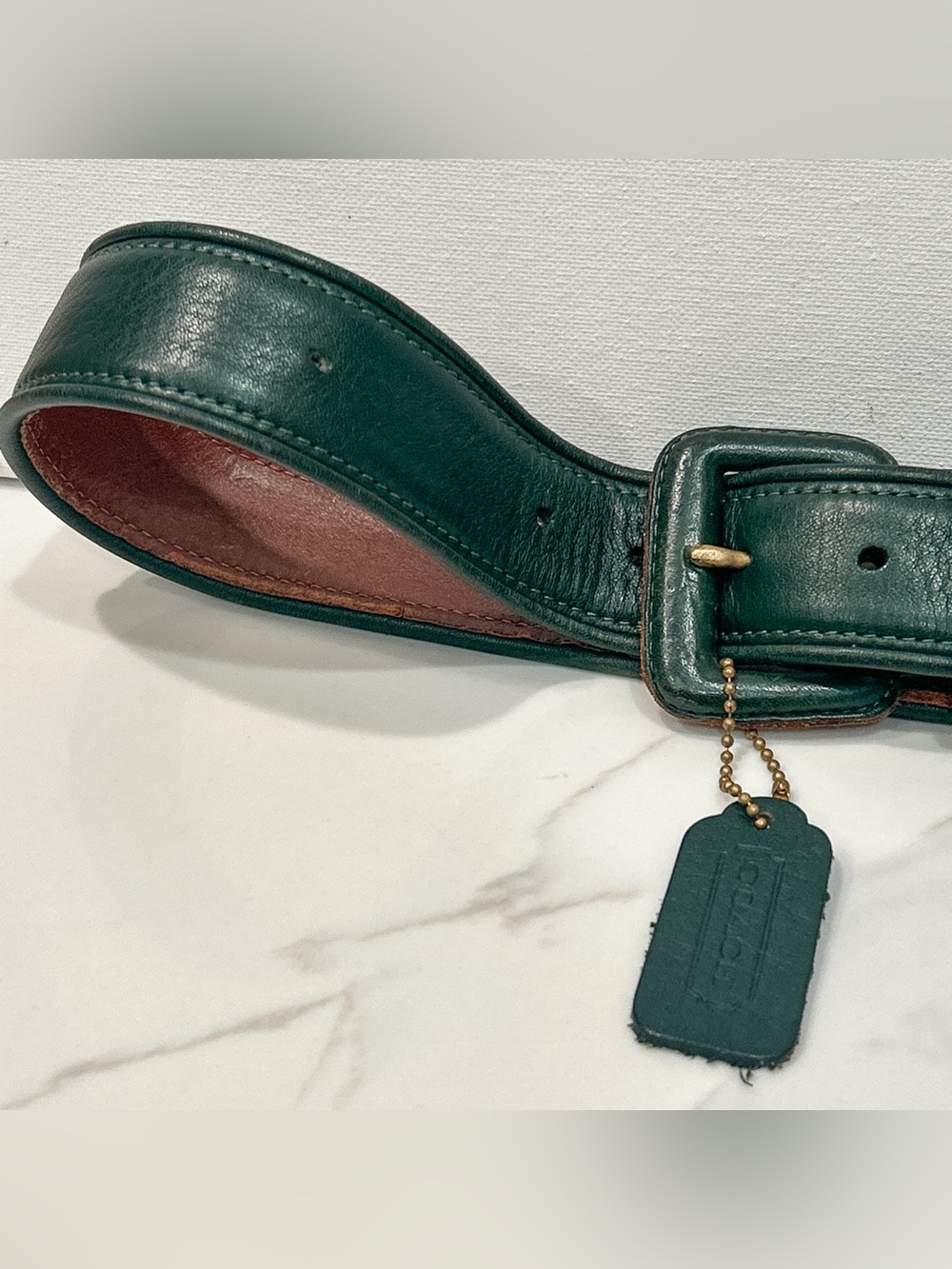 Vintage Coach Leather Belt Dark Green Size Large Waist 28-32 With Green Hangtag - Picture 4 of 9